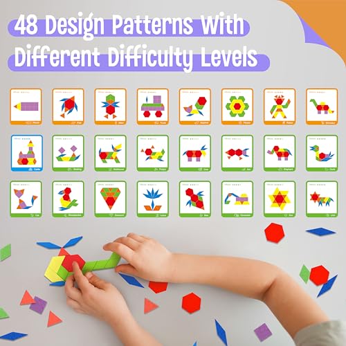 215 PCS Wooden Pattern Blocks Set, 24 Double-Sided Design Cards Pattern Building Shapes Educational Geometric Shape Puzzle Fun Tangram Montessori Learning Toys for Kids Ages 4-8 (A Storage Bag) - style: 215 Pcs Blocks Set