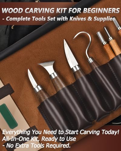 Wood Carving Kit Whittling Kit: Wood Carving Knife Tools with Leather Case - color: Brown