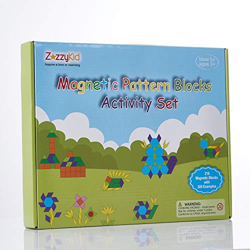 ZazzyKid Kids Magnetic Pattern Blocks Set: 216 PCS Geometric Shape Puzzles Tangram - STEM
