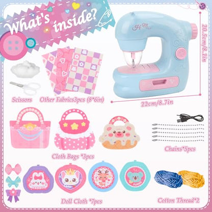 deAO Kids Mini Sewing Machine Pretend Play Arts Craft Toy Kit with Lights