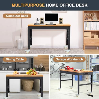 HABUTWAY Height Adjustable Workbench with Wheels 48" x 24" 2000 Lbs Capacity Solid Wood Work Station Heavy-Duty Rolling Work Tables for Garage Party Shop Office - size: 48"x24"x40.6"