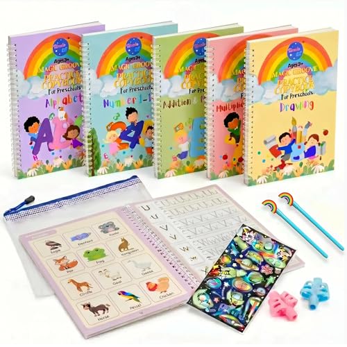 Large Magic Handwriting Practice Workbooks, Reusable Grooved Handwriting Practice for Kids 3-8, Toddler Writing Practice, Math Calligraphy, Letter Tracing, for Kindergarten Preschool, The Fun Kit - style: The Fun Kit