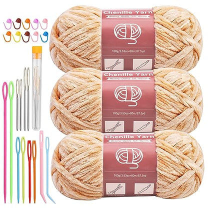 LUNARM Chenille Yarn 3 Pack 3.5oz Chunky Blanket Velvet Yarn 263 Yard - color: Light Brown