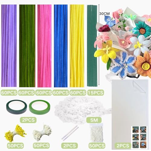 5-Color Macaroon Pipe Cleaner Flower Kit,300 Pcs Pipe Cleaners Craft - color: Macaroon