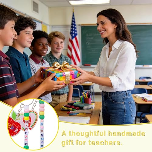 Tuhangcc Unique Design 16 Sets Teacher DIY Charm Bead Keychain Kit with 10 A-Z Letter Beads 16 Charms & Greeting Card for Teacher Day Gift (Teacher's Day) - color: Teacher's Day