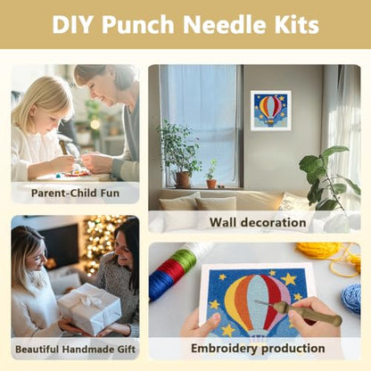 DOODLREAM Hot Air Balloon DIY Punch Needle Embroidery Kit for Adult Beginner, 9.4" Stars Punch Stitching Craft Set for Starter with Frame, Fabric Pattern, Threader, Yarn, Pinch Needle - color: Hot Air Balloon