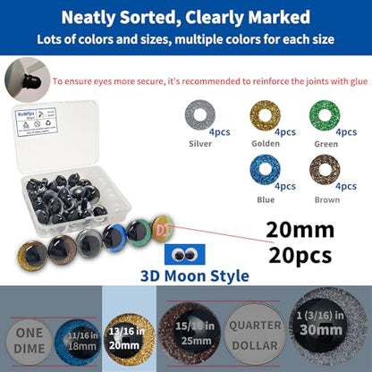 RuWfpz Glitter Safety Eyes for Crocheting Amigurumi 20mm 3D Large 5 Colors - size: 20 mm
