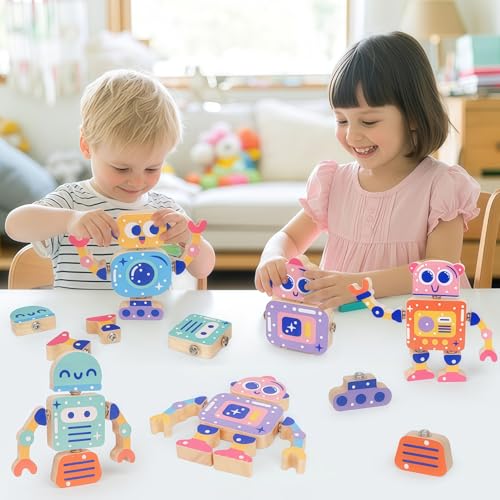 Robot Toys for Kids 3-5,Montessori Wooden Learning Toy with Take Apart Features Robots,STEM Educational Play Fine Motor Games for Boys Girls - style: Robot