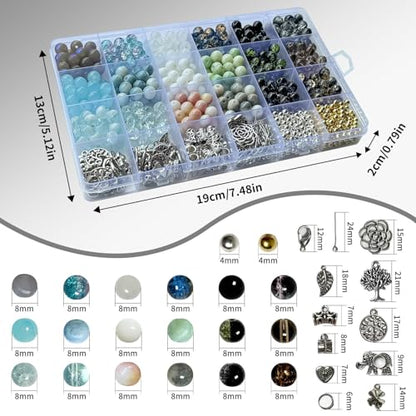 Bracelet Making Kit for Adults – 414pcs Real Crackle Glass Beads with Charms, 8mm Neutral Color Jewelry Making Set for Gifts