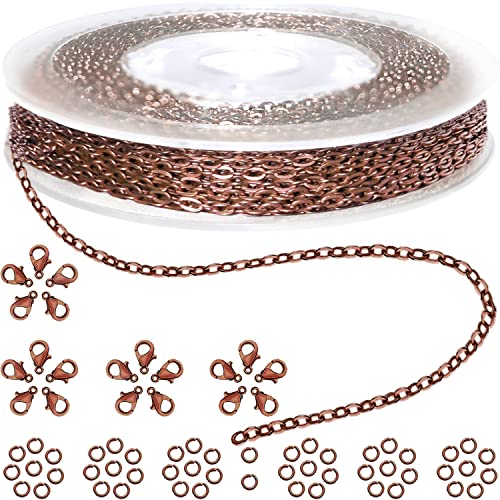 Jishi 33ft Link Cable Chain Roll 2mm, Red Copper Chain for Jewelry Making Necklace Earring Bracelet DIY Craft Jewelry Making Findings Supplies, Copper Plated Iron Metal Rolo Necklace Chain Spool Set - color: Copper, size: Cable Chain 33ft 2.0mm