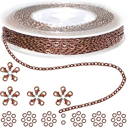 Jishi 33ft Link Cable Chain Roll 2mm, Red Copper Chain for Jewelry Making Necklace Earring Bracelet DIY Craft Jewelry Making Findings Supplies, Copper Plated Iron Metal Rolo Necklace Chain Spool Set - color: Copper, size: Cable Chain 33ft 2.0mm