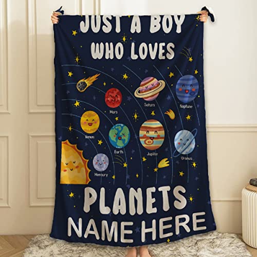 Just A Boy Who Loves Planets Solar System Space Throw Blanket Fannel Fleece Super Soft Funny Blanket Travel Throw Blanket for Bed Couch Sofa Custom Name - color: Just a Boy Who Loves Planets Solar System Space, size: Custom Name