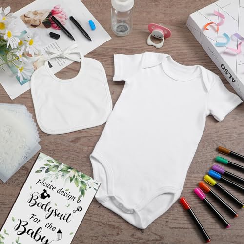Chuarry 43 Pcs DIY Baby Bibs Decorating Kit 8 Bodysuits 8 Pcs 2 Ply White Bibs 10 Fabric Markers 16 Stencils Baby Shower Sign (Greenery) - style: Greenery