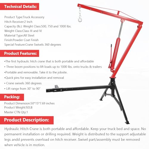 Garvee Hydraulic Pickup Truck Crane, Heavy Duty 1000 Lbs Capacity, 360° Swivel Hitch Mounted Crane with 3 Adjustable Capacities for Construction Goods Lifting