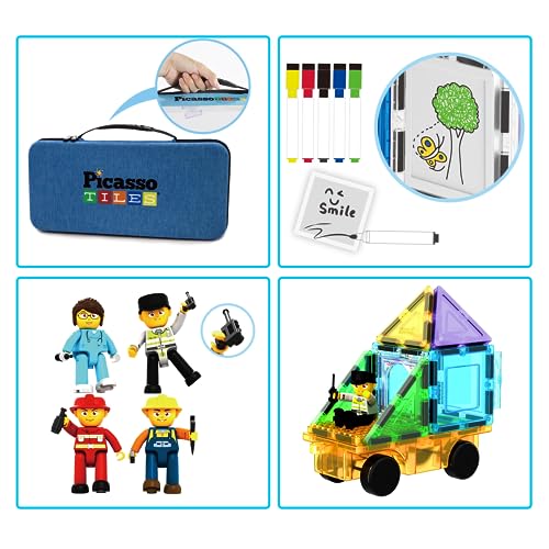 PicassoTiles 100PC Magnetic Tiles Construction Building with Carrying Case Included Block Set with Car, 8 Sets of Characters and Base Whiteboard Marker Playset Toy Kit for Boys & Girls Ages 3+ PB01 - color: 100pcs