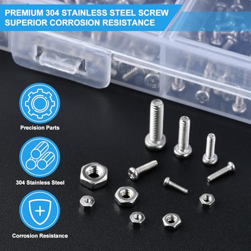 1020 Pcs Micro Screws Assortment Kit, M1-M2.5 Metric Machine Screws and Nuts, 304 Stainless Steel Phillips Pan Head Tiny Small Screws with Tools for Electronics,Arduino,RC Models,DIY Projects
