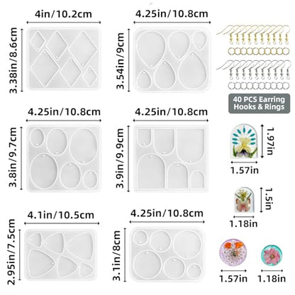 Roxjaejae 46 PCS Resin Earring Molds Silicone Kit, Resin Jewelry Making Kit with Built-in Holes for Earrings, Necklace, Pendants, Keychains