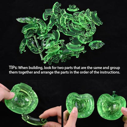 3D Crystal Puzzle, Night Light with Base, DIY Crafts for Age 14+, Birthday Gifts for Adults, Plastic Apple DIY Puzzle Blocks 3D Model Toy(Green) - color: Green