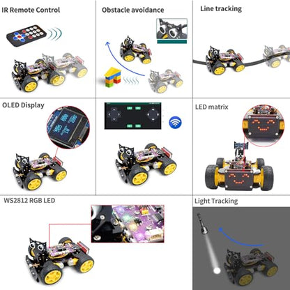 Adeept 4WD Smart Car Kit(Compatible with Arduino IDE), Line Tracking, Light Tracing, Obstacle Avoidance, Servo Motor, OLED Display, Buzzer, LED Dot Matrix Display - style: Ordinary Wheels