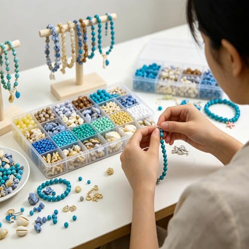 1570Pcs Ocean Beads for Bracelets Making Kit, Blue and White Summer Beach Bead for Jewelry Making, Sea Turtle Seashell Starfish Shape Beads 8mm Round Glass Seed Bead for DIY Craft Bracelets Earring
