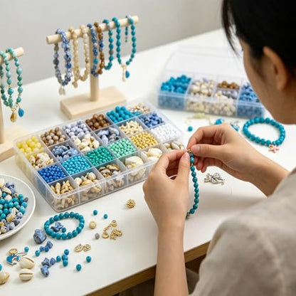 1570Pcs Ocean Beads for Bracelets Making Kit, Blue and White Summer Beach Bead for Jewelry Making, Sea Turtle Seashell Starfish Shape Beads 8mm Round Glass Seed Bead for DIY Craft Bracelets Earring