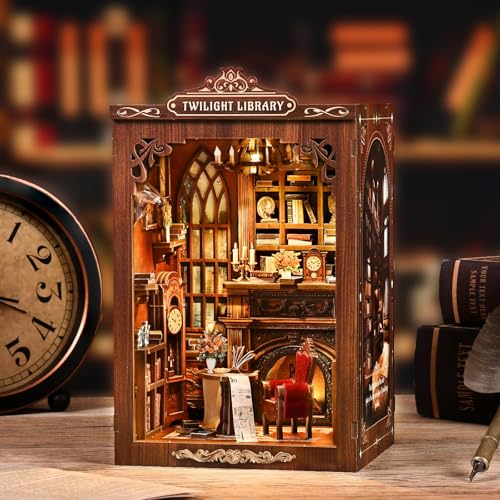 Twilight Library Book Nook Kit - DIY Miniature Dollhouse with LED Warm Light, 3D Wooden Puzzle Bookends, Immersive Miniature, Stress Relief Craft Gift for Adults Teens, Aesthetic Home Decor - style: Twilight Library