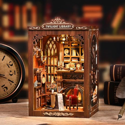 Twilight Library Book Nook Kit - DIY Miniature Dollhouse with LED Warm Light, 3D Wooden Puzzle Bookends, Immersive Miniature, Stress Relief Craft Gift for Adults Teens, Aesthetic Home Decor - style: Twilight Library