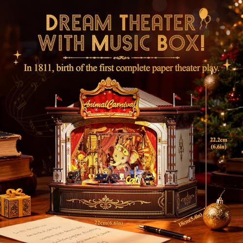 CUTEBEE 3D Wooden Puzzles Music Box - DIY Theater Model Kit with LED Light, 413 Pcs Rotating Miniature House Kit for Adults, Home Bookshelf Decor, Birthday Valentines Day Gifts (Animal Carnival)