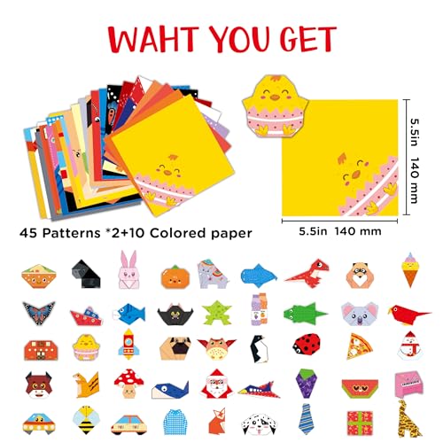 Origami Kit for Kids Ages 5-8 8-12, 100 Sheets Double Sided Colorful Folding Paper (45 Patterns×2+10Blank) with Clear Guiding Book, Animals Dinosaur Art Activity DIY Craft Set Gift for Girls Boys