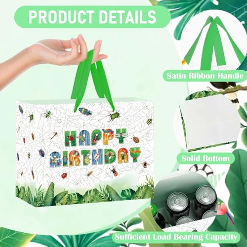 Large Bug Gift Bag, Insect Gift Bag with Tissue Paper and Card, Spring Summer Happy Birthday Gift Wrapping for Boys and Girls, Insect Birthday Party Decorations, Baby Shower Bug Party Supplies.
