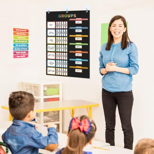 REGELETO Boho Small Group Management Pocket Chart with 114 Cards, Large Size 46 x 26.3 inch Classroom Small Group Organizer for School Teacher Homeschool Learning Supplies (Black) - size: 56-Pockets