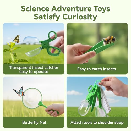 Wooden Bug Catcher for Kids, 360° Rotating Magnifier, Insect Explorer kit, with Bug Habitat, Butterfly Net, Bug Tongs, 10 Insect Cards, Montessori STEM Nature Toy for Outdoor