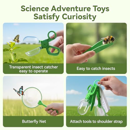 Wooden Bug Catcher for Kids, 360° Rotating Magnifier, Insect Explorer kit, with Bug Habitat, Butterfly Net, Bug Tongs, 10 Insect Cards, Montessori STEM Nature Toy for Outdoor