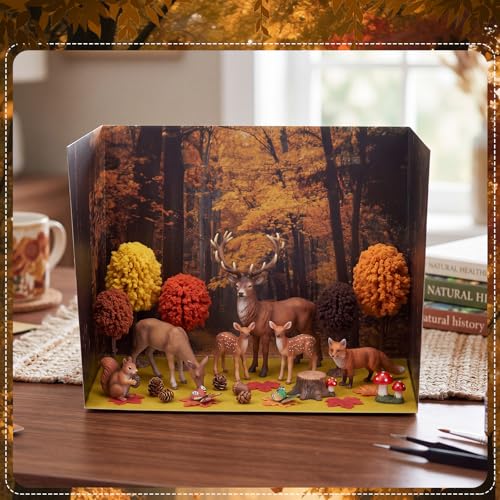 AmazingSpark 2 Set Fall Forest Animals Diorama Box and Fake Grass Decor, Woodland Figures Diorama Project Supplies Set, Cardboard Display Case Kit with Double Sided Tapes for DIY Crafts - style: Fall