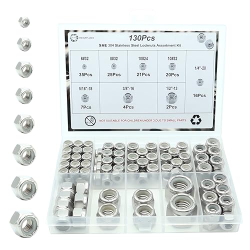 130 Pcs SAE Lock Nuts, 6-32 8-32 10-24 10-32 1/4-20 5/16-18 3/8-16 1/2-13 - size: SAE 130 Kit (#6 #8 #10 1/4" 5/16" 3/8" 1/2")