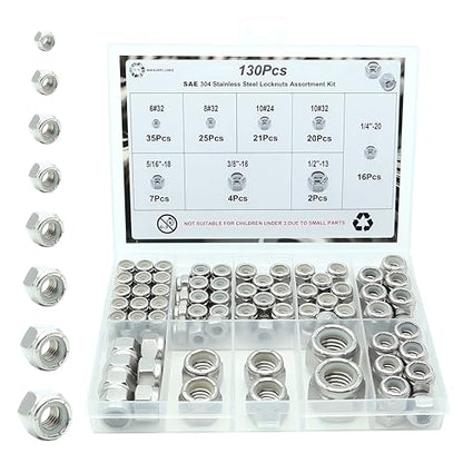 130 Pcs SAE Lock Nuts, 6-32 8-32 10-24 10-32 1/4-20 5/16-18 3/8-16 1/2-13 - size: SAE 130 Kit (#6 #8 #10 1/4" 5/16" 3/8" 1/2")