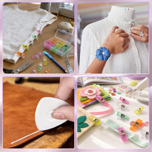 10Pcs Triangle Tailors Chalk with 100Pcs Sewing Clips, 100pcs Straight Pins Set, 4pcs Heat Erasable Fabric Marking Pens with 8 Refills, 3PCS Sewing Fabric Pencils for Quilting Craft Accessories