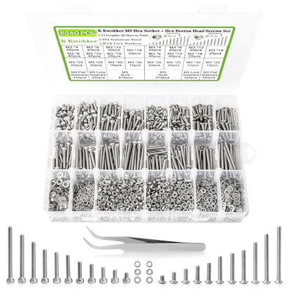 2540Pcs M3 Screws 4MM to 35MM, Socket Head & Button Head Screws, 304 Stainless Steel Assorted Nuts and Bolts Assortment Kit M3 Screw Kit with Nuts, Washer and Lock Washers - size: F. M3