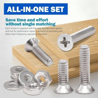 210PCS Machine Screw nut Bolt Combination kit, Phillips Flat Head Combination 304 Stainless Steel Bolt nut Flat Washer with Packaging， # 10 (3/8inch、5/8 inch、3/4 inch、 1 inch) - size: 4.8 mm, style: Flat head machine screw