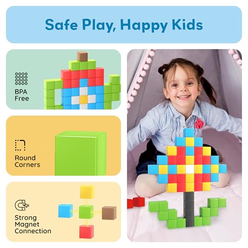 PicassoTiles 60pc Magnetic Puzzle Cube Building Set 1 Inch 3D Blocks STEM Construction Toy for Toddlers Kids Boys Girls Age 3+ Montessori Learning Travel Sensory Gift with Educational Idea Book PMC60 - style: 60 Pieces 1"