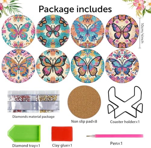 8 Pcs Diamond Art Coaster Kit for Adult with Holder, Diamond Coasters 4x4in - color: Butterfly Coasters, size: 8 Pcs 4x4in