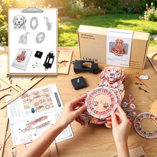 3D Puzzles for Adults Dog Clock Crafts for Adults Wooden Puzzles - color: Garden Dog