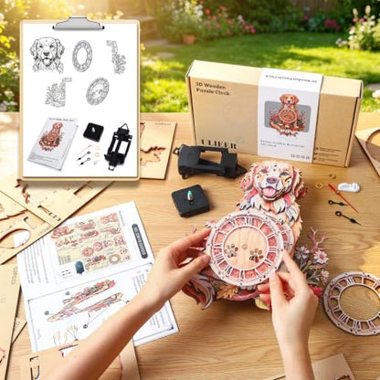3D Puzzles for Adults Dog Clock Crafts for Adults Wooden Puzzles - color: Garden Dog