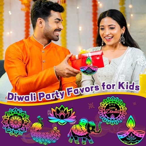 JULMELON 36 Pcs Diwali Crafts for Kids Rainbow Scratch Art Party Favors - style: Diwali
