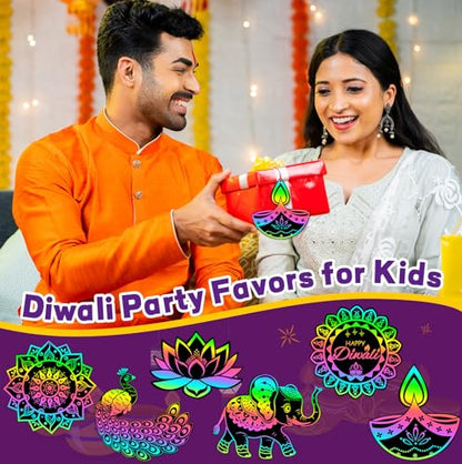 JULMELON 36 Pcs Diwali Crafts for Kids Rainbow Scratch Art Party Favors - style: Diwali