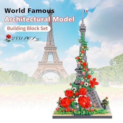 Micro Building Blocks, Architecture Eiffel Tower with Rose Model Building Set Landmark Model Building Toy, 2551 PCS - color: Eiffel Tower With Rose