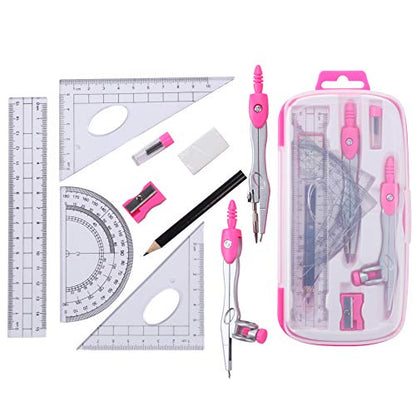 Unjoo Math Geometry Set 10 Pcs, Compass and Protractor for Students (Pink) - color: Pink