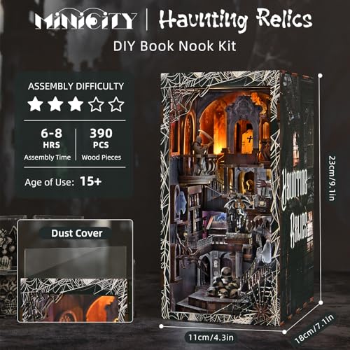 MiniCity Haunting Relics Book Nook Kit, DIY Wooden Bookshelf Model with LED - color: Haunting Relics