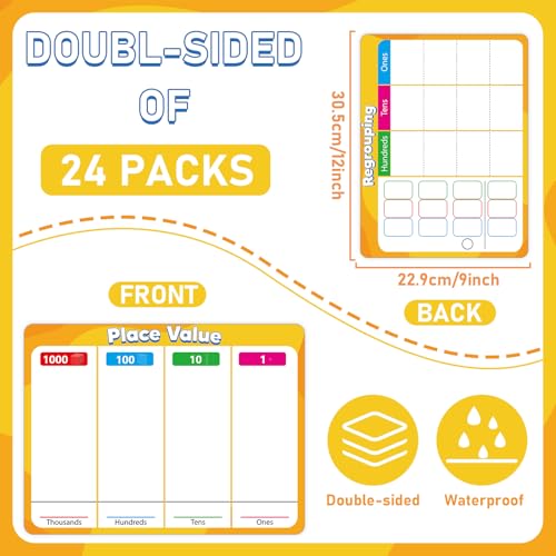 24Pcs Place Value Chart Dry Erase Flash Cards Double Sided Addition Subtraction Cardboard Math Whiteboard Math Manipulatives Teacher Portable Tool 12" x 9" - style: Place Value Chart
