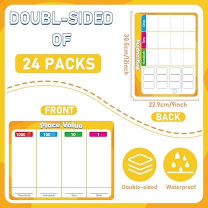 24Pcs Place Value Chart Dry Erase Flash Cards Double Sided Addition Subtraction Cardboard Math Whiteboard Math Manipulatives Teacher Portable Tool 12" x 9" - style: Place Value Chart
